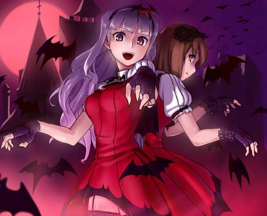 2girls aouma bad_id bad_pixiv_id bat_(animal) brown_hair dress fingerless_gloves foreshortening gloves grey_hair hagiwara_yukiho hairband highres idolmaster idolmaster_(classic) idolmaster_2 long_hair multiple_girls my_dear_vampire_(idolmaster) oerba_yun_fang purple_eyes shijou_takane too_many too_many_bats vampire yellow_eyes