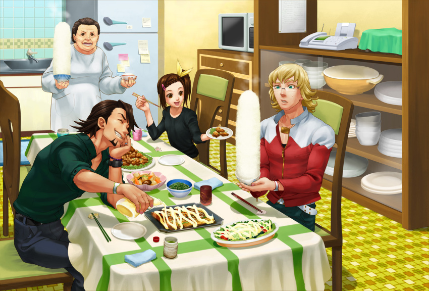 2boys 2girls apron aqua_eyes barnaby_brooks_jr. beard belt blonde_hair bowl braid braided_bangs brown_eyes brown_hair chopsticks closed_eyes commentary_request dinner facial_hair father_and_daughter food glasses goatee green_eyes green_tea highres kaburagi_anju kaburagi_kaede kaburagi_t._kotetsu multiple_boys multiple_girls rice rice_bowl studded_belt tea tiger_&_bunny tsushima_shuu vest