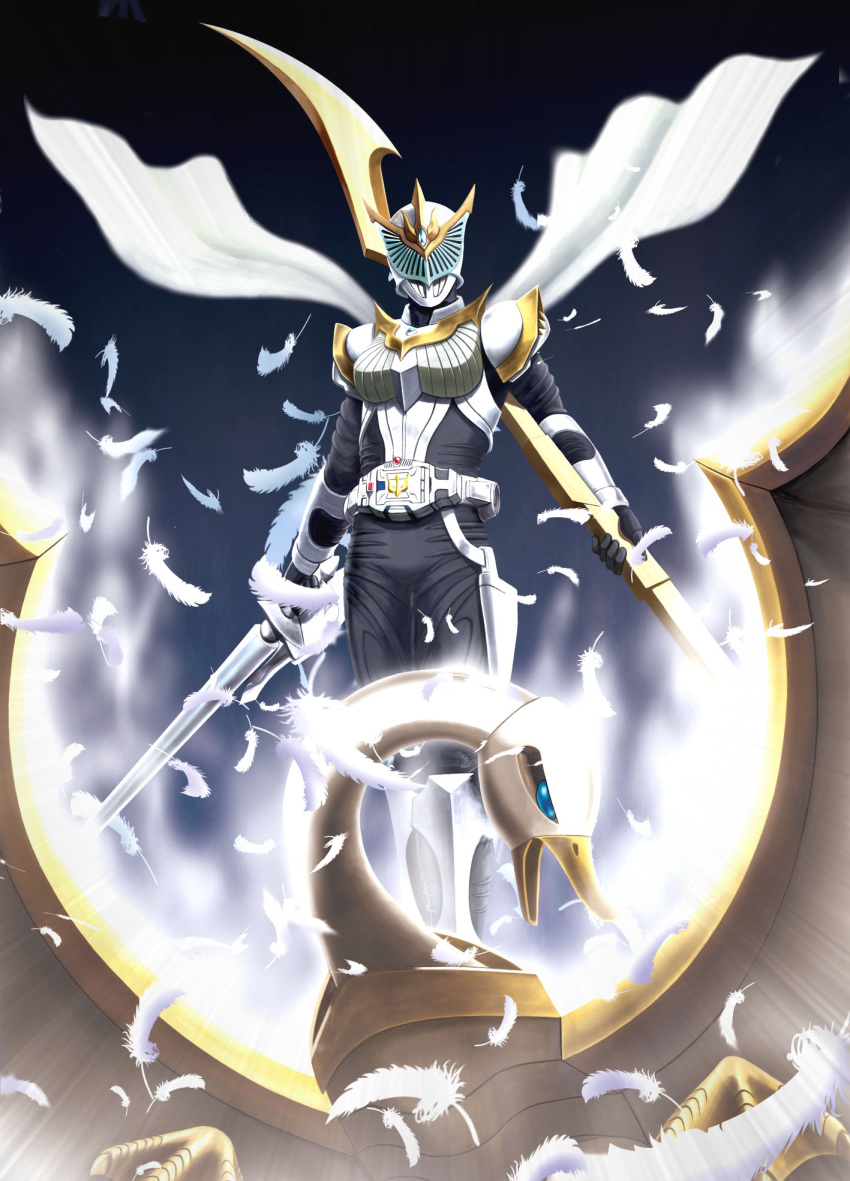 bad_id bad_pixiv_id belt bird blancwing cape feathers female highres hiro_(hibikigaro) kamen_rider kamen_rider_femme kamen_rider_ryuki_(series) solo swan sword weapon