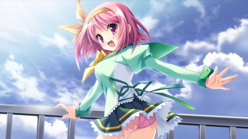 :d ass blue_sky blush bow bowtie breasts cloud cloudy_sky crotch_seam day female floating_material from_behind green_ribbons green_sailor_collar green_serafuku green_skirt hairband long_sleeves looking_at_viewer looking_back miniskirt official_art open_mouth outdoors panties pink_eyes pink_hair pink_panties pleated_skirt puffy_long_sleeves puffy_sleeves railing ribbon sailor_collar satomi_hinako school_uniform serafuku short_hair skirt sky sleeve_cuffs smile solo standing twisted_torso uesato_himari underwear yellow_bow yellow_bowtie yellow_hairband