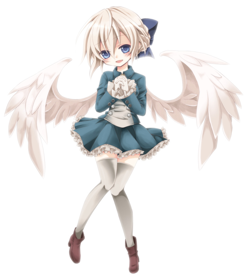 alice_elliot angel_wings blue_eyes blue_ribbon female full_body gloves hair_bun highres miniskirt nekomoto open_mouth ribbon shadow_hearts short_hair silver_hair skirt solo thighhighs white_background white_gloves white_legwear white_thighhighs wings zettai_ryouiki