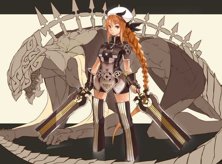 bad_id bad_pixiv_id braid creature female fingerless_gloves gloves hat highres long_hair orange_hair original red_eyes ricci solo thighhighs very_long_hair weapon