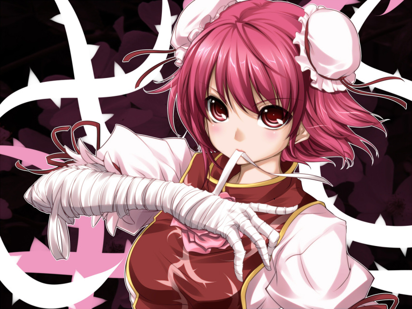 bandages blush bun_cover chinese_clothes commentary_request double_bun female flower hair_bun hands ibaraki_kasen mouth_hold pink_flower pink_hair pink_rose red_eyes red_hair rose short_hair simple_background solo tabard thorns toron_(mino106) touhou upper_body