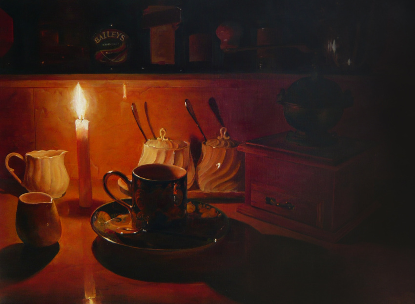 bad_id bad_pixiv_id candle cup dark gemi glowing highres mug no_humans oil_painting_(medium) original painting_(medium) photoshop_(medium) saucer still_life traditional_media