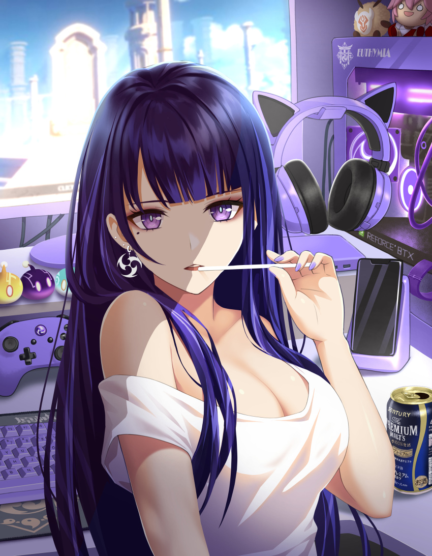 1girls absurdres alcohol alternate_costume beauty_mark beer breasts busty cat_ears cleavage clothing computer controller drink ear_piercing earrings female genshin_impact headphones hi_res hilichurls_(species) keyboard large_breasts looking_at_viewer mole mole_under_eye nail_polish off-shoulder_shirt off_shoulder phone purple_eyes purple_hair purple_nails raiden_shogun shirt slime smartphone sony_kisaragi stuffed_toy white_shirt