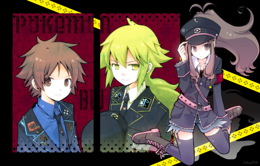 2boys alternate_costume black_(pokemon) blush brown_eyes brown_hair denim denim_shorts green_eyes green_hair hat hirako long_hair military military_uniform multiple_boys n_(pokemon) nintendo pokemon pokemon_(game) pokemon_black_and_white pokemon_bw ponytail short_hair shorts team_plasma thighhighs touko_(pokemon) touko_(pokemon) touya_(pokemon) uniform