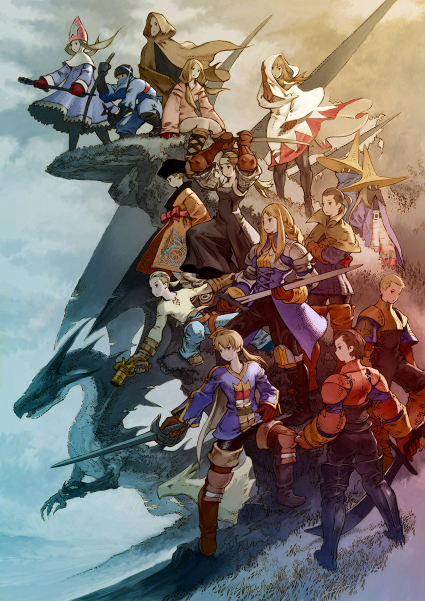 6+boys 6+girls absurdres agrias_oaks annotated archer_(fft) argath_thadalfus armor black_mage_(fft) black_mage_(final_fantasy) blonde_hair boots braid brown_hair cape chocobo cidolfus_orlandeau delita_heiral dragon dual_wielding everyone final_fantasy final_fantasy_tactics geomancer_(fft) hat highres holding katana multiple_boys multiple_girls mustadio_bunansa mystic_(fft) ninja_(fft) official_art orran_durai photoshop_(medium) ramza_beoulve robe samurai_(fft) single_braid staff sword thigh_boots thighhighs time_mage time_mage_(fft) weapon white_mage_(fft) white_mage_(final_fantasy) witch_hat yoshida_akihiko