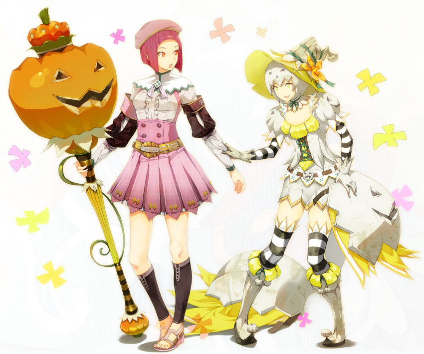 2girls bad_id bad_pixiv_id belt beret black_legwear boots coat dress hat jack-o'-lantern monster_hunter_(character) monster_hunter_(series) monster_hunter_3 mosgharl_(armor) multiple_girls open_mouth original pumpkin red_eyes red_hair sandals short_hair smile staff striped_clothes striped_thighhighs thighhighs tsujisaki_(coa3) white_hair white_legwear witch_hat yellow_eyes