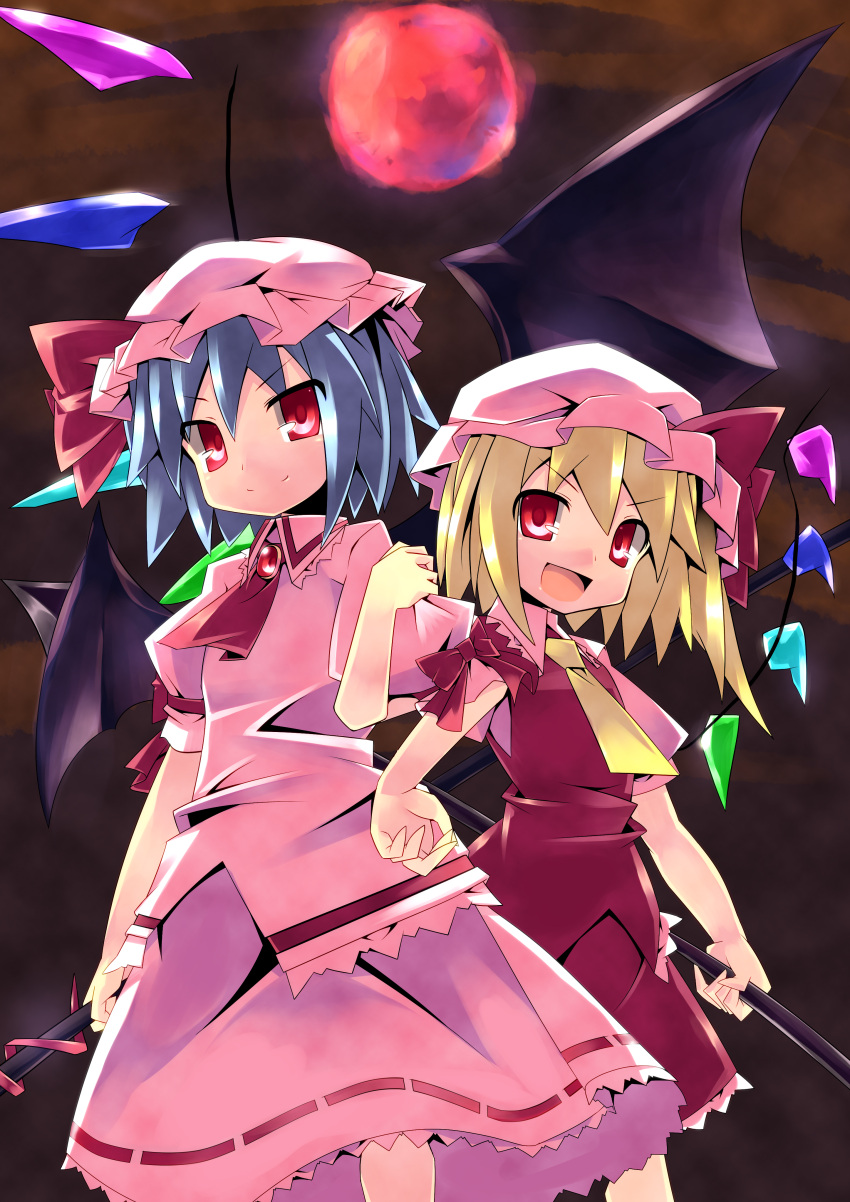 >:) 2girls :d absurdres commentary_request flandre_scarlet full_moon hat highres locked_arms looking_at_viewer moon multiple_girls open_mouth photoshop_(medium) rando_seru red_moon remilia_scarlet short_hair siblings sisters smile touhou v-shaped_eyebrows