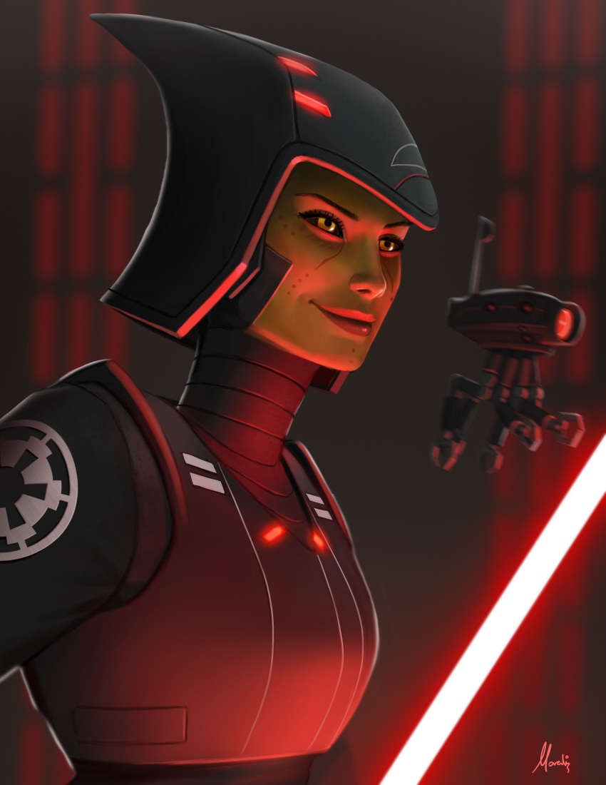 1girls clothed clothed_female clothing female female_focus female_solo helmet hi_res inquisitor inquisitor_(star_wars) lightsaber mauricio-morali mirialan red_lightsaber seventh_sister simple_background smile star_wars star_wars_rebels watermark yellow_eyes