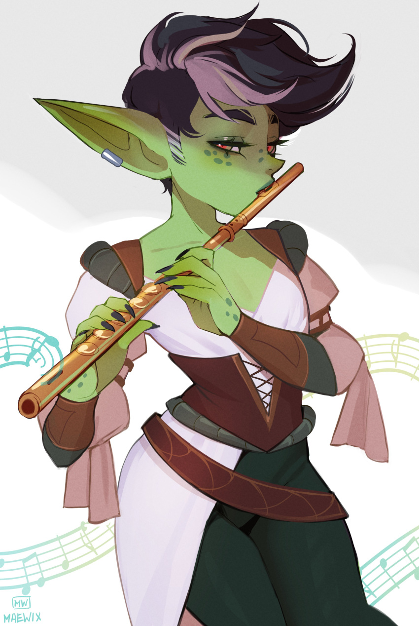 1girls absurd_res black_fingernails black_hair dress female female_only flute goblin goblin_female gobtober gobtober_2023 green_skin looking_at_viewer maewix1 narrowed_eyes pointy_ears red_eyes sharp_fingernails shaved_side solo true_flat_chest white_highlights