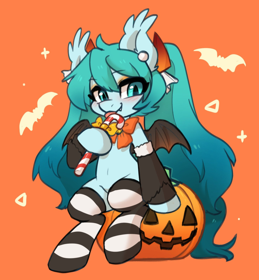 aqua_eyes aqua_hair bat_wings blush candy candy_cane commentary detached_sleeves earrings english_commentary fangs female food furrification furry furry_female halloween hatsune_miku highres holding holding_candy holding_candy_cane holding_food jack-o'-lantern jewelry long_hair my_little_pony my_little_pony:_friendship_is_magic oofycolorful orange_background pumpkin sitting slit_pupils smile solo striped_clothes striped_thighhighs thighhighs twintails vocaloid wings