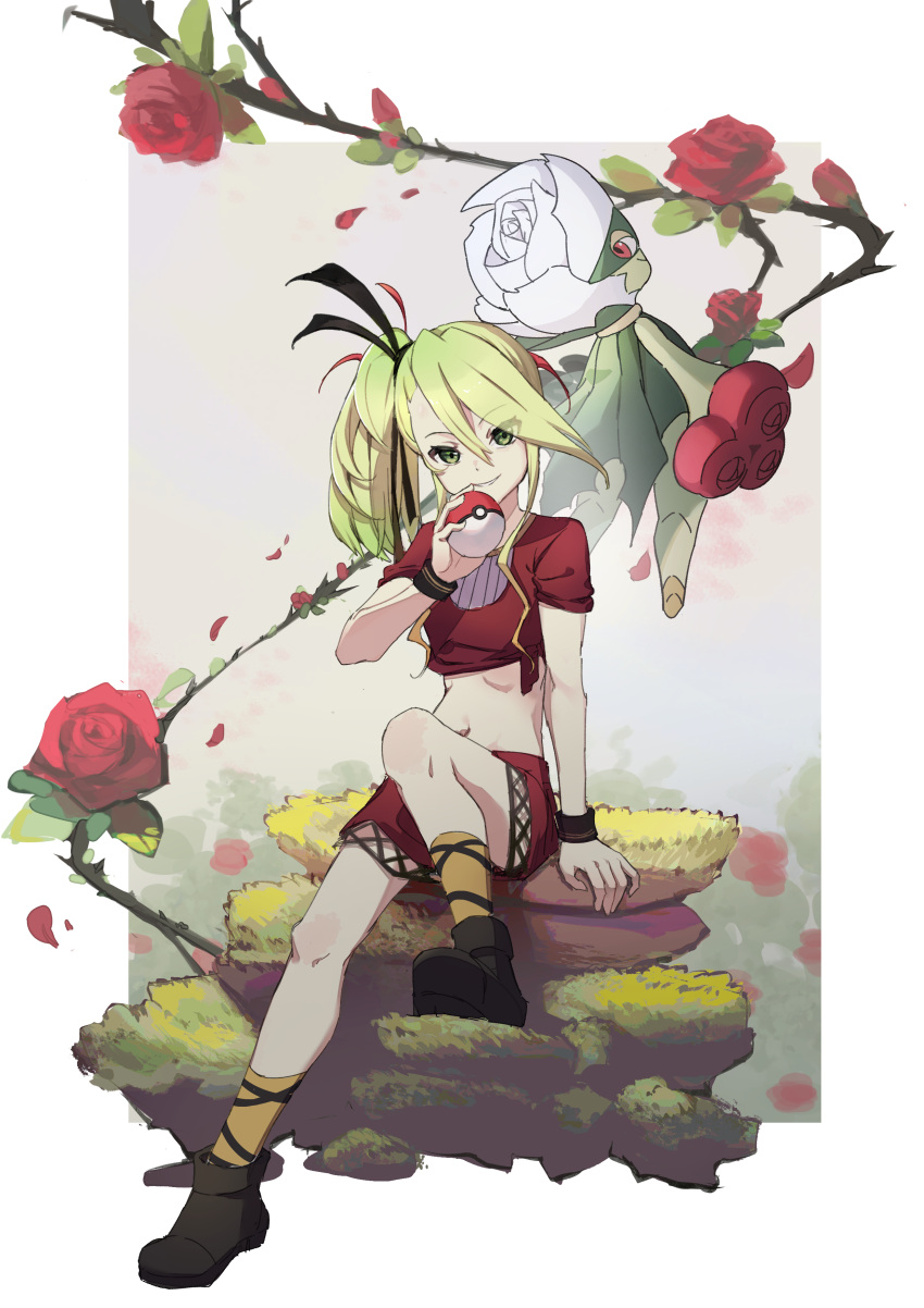 absurdres blonde_hair closed_mouth crop_top deathpolca demons_roots female flower full_body green_eyes highres hongcai_rainbow long_hair looking_at_viewer midriff pokemon pokemon_(creature) red_eyes red_flower red_rose red_shirt red_shorts rose roserade shirt short_hair shorts side_ponytail sitting smile solo