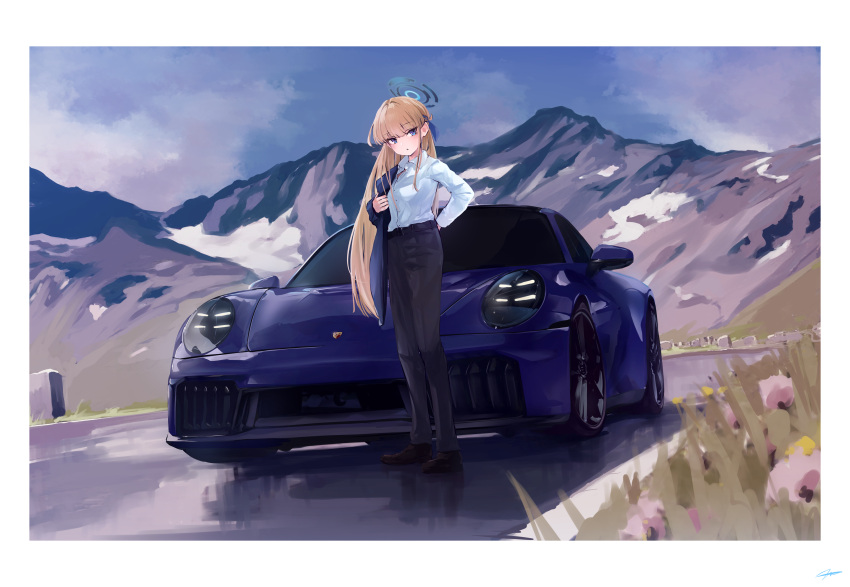 absurdres belt black_belt black_footwear black_pants blonde_hair blue_archive blue_eyes blue_halo blue_sky breasts car cloud collared_shirt commentary_request day female halo highres korean_commentary long_hair long_sleeves looking_at_viewer motor_vehicle mountain nougat_(73r1r1) pants porsche road shirt shoes sky solo sports_car toki_(blue_archive) vehicle_request white_shirt