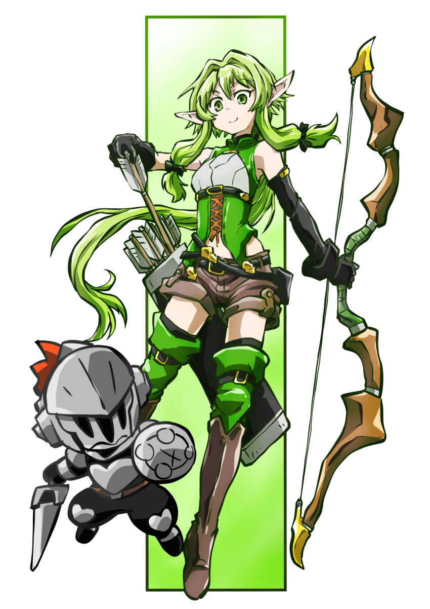 arrow_(projectile) asymmetrical_gloves black_gloves black_pants boots bow_(weapon) breasts brown_shorts chibi corset elbow_gloves elf female gloves goblin_slayer goblin_slayer! green_corset green_eyes grey_helmet helmet high_elf_archer_(goblin_slayer!) highres holding holding_arrow holding_bow_(weapon) holding_shield holding_sword holding_weapon long_hair midriff_peek mismatched_gloves navel pants pointy_ears quiver shield short_shorts shorts small_breasts smile sword taiga_hiroyuki thigh_boots thighs two-tone_background visor_(armor) weapon zettai_ryouiki