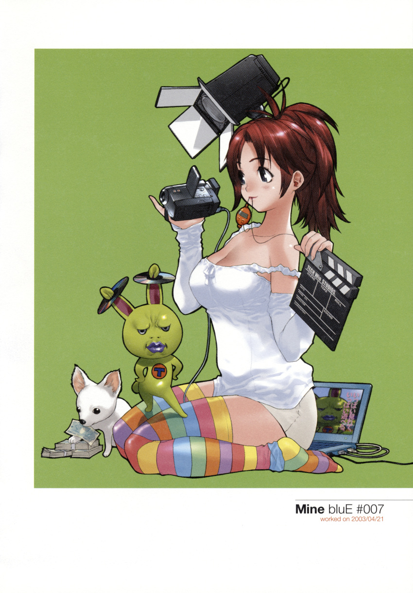 absurdres animal animal_ears artbook banknote bare_shoulders black_eyes blush bow breasts brown_hair cable camcorder camera canine cd chihuahua clapperboard cleavage closed_mouth computer copyright_name creature dated detached_sleeves female green_background highres holding holding_camera holding_money laptop large_breasts lipstick makeup money mouth_hold multicolored_thighhighs ponytail purple_lips rabbit rabbit_ears rainbow_thighhighs scan shirt shirt_bow short_shorts shorts simple_background solo spotlight strap_slip tech_win thighhighs tif-to-png_conversion video_camera white_bow white_dog white_shirt white_shorts white_sleeves yoshizaki_mine