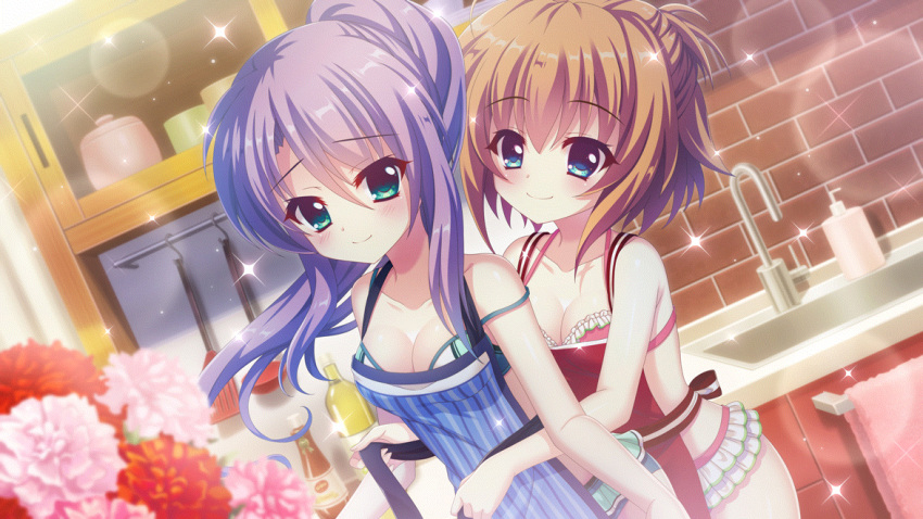 2girls ahoge apron aqua_eyes bikini blue_apron blue_eyes blurry blurry_foreground blush bottle breasts brick_wall cabinet cleavage closed_mouth collarbone dot_nose dutch_angle faucet film_grain flower frilled_bikini frills game_cg green_bikini hand_soap hand_towel high_ponytail indoors izumi_tsubasu kitchen ladle lens_flare long_hair looking_at_viewer medium_breasts multiple_girls nearly_naked_apron non-web_source official_art orange_hair pink_bikini pink_flower pink_rose pink_towel purple_hair re:stage! red_apron red_flower red_rose rose shikimiya_mana short_hair sidelocks sink smile sparkle spatula strap_slip striped_apron striped_clothes swimsuit tsukisaka_sayu tying_apron vertical-striped_apron vertical-striped_clothes