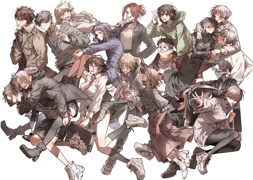 6+boys 6+girls :d :o absolutely_everyone akiyama_akihito ankle_boots arm_around_neck arm_around_waist asai_akira azami_(yofukashi_no_uta) bag black_coat black_dress black_footwear black_hair black_jacket black_mask black_pantyhose black_shirt black_shorts black_skirt black_socks blonde_hair blunt_bangs blush boots braided_hair_rings briefcase brown_coat brown_hair candy cigarette closed_eyes coat collared_shirt covered_eyes crossed_arms drawstring dress earrings everyone food funa2001 glasses green_hoodie green_skirt grey_hoodie grey_sweater grin group_hug hair_bun hair_over_eyes hair_over_one_eye hand_on_another's_hip headband high_heel_boots high_heels highres hirata_niko holding holding_bag holding_candy holding_cigarette holding_food holding_lollipop honda_kabura hood hood_down hooded_coat hoodie hoshimi_kiku hug hug_from_behind jacket jewelry kikyou_seri kneehighs kohakobe_midori loafers lollipop long_hair long_skirt long_sleeves looking_ahead looking_at_another looking_to_the_side lovegreen_(yofukashi_no_uta) mask mouth_mask multiple_boys multiple_girls nanakusa_haru nanakusa_haruka nanakusa_nazuna_(yofukashi_no_uta) necktie oerba_yun_fang open_clothes open_jacket open_mouth otoko_no_ko pantyhose pink_hair pleated_skirt ponytail red_hair red_necktie red_skirt ribbed_sweater school_bag school_briefcase school_uniform seki_mahiru shirt shoes short_hair shorts simple_background skirt smile smoke smoking sneakers socks stud_earrings susuki_(yofukashi_no_uta) suzushiro_hatsuka sweater turtleneck uguisu_anko v v_over_mouth white_background white_footwear white_hair white_headband white_shirt yamori_kou yellow_eyes yofukashi_no_uta