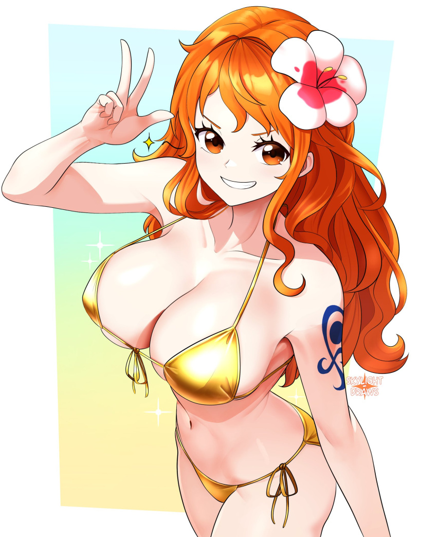 alternate_costume artist_name bare_arms bare_shoulders bikini border breasts cleavage collarbone cowboy_shot english_commentary female flower from_above front-tie_bikini_top front-tie_top gold_bikini grin hair_flower hair_ornament halterneck hand_up highres large_breasts long_hair looking_at_viewer nami_(one_piece) narrow_waist navel one_piece orange_eyes orange_hair outside_border parted_lips shoulder_tattoo side-tie_bikini_bottom single_sidelock skylight_draws smile solo sparkle stomach string_bikini swimsuit tattoo v wavy_hair white_border