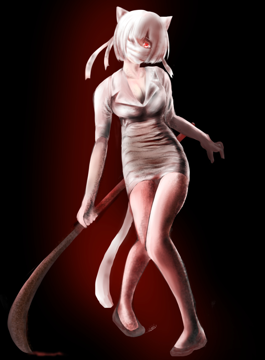 absurdres animal_ears breasts cat_ears cat_tail chiakigoro cleavage dress gloves green_eyes hair_over_eyes highres low-cut mask miniskirt mouth_mask multiple_tails nurse nurse_(silent_hill) silent_hill_(series) silent_hill_1 skirt tail thighhighs tight_clothes tight_dress white_thighhighs