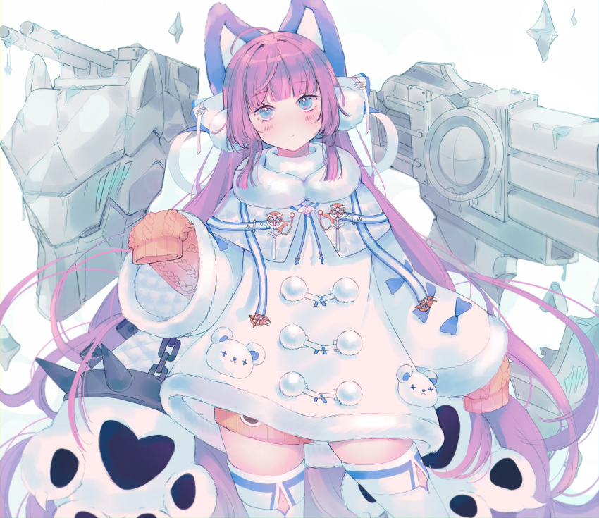 animal_ears antay6oo9 azur_lane blue_eyes brown_sweater coat coat_dress cowboy_shot fake_animal_ears female fur-trimmed_coat fur-trimmed_sleeves fur_trim highres long_hair looking_at_viewer purple_hair rigging sleeves_past_fingers sleeves_past_wrists solo sweater tashkent_(azur_lane) thighhighs very_long_hair very_long_sleeves white_coat white_thighhighs winter_clothes zettai_ryouiki