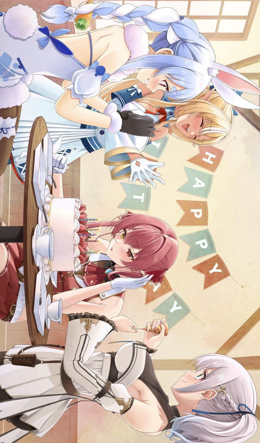 4girls absurdres animal_ears ascot black_gloves blonde_hair blue_hair braid cake candle carrot_hair_ornament closed_eyes cropped_jacket cup don-chan_(usada_pekora) dress elf food food-themed_hair_ornament fork fur-trimmed_dress fur-trimmed_gloves fur_trim gloves green_eyes hair_ornament hair_ribbon happy_birthday heterochromia highres holding holding_party_popper hololive hololive_fantasy houshou_marine houshou_marine_(1st_costume) jacket leotard long_braid median_furrow mt_mozuku multicolored_hair multiple_girls open_mouth pantyhose party_popper pink_eyes pointy_ears rabbit_ears rabbit_girl rabbit_tail red_ascot red_eyes red_hair red_jacket red_ribbon ribbon saucer see-through see-through_leotard shiranui_flare shiranui_flare_(1st_costume) shirogane_noel shirogane_noel_(5th_costume) shoulder_blades sleeveless sleeveless_jacket strawberry_cake streaked_hair table tail teacup teeth upper_teeth_only usada_pekora usada_pekora_(1st_costume) virtual_youtuber white_dress white_gloves white_hair yellow_eyes