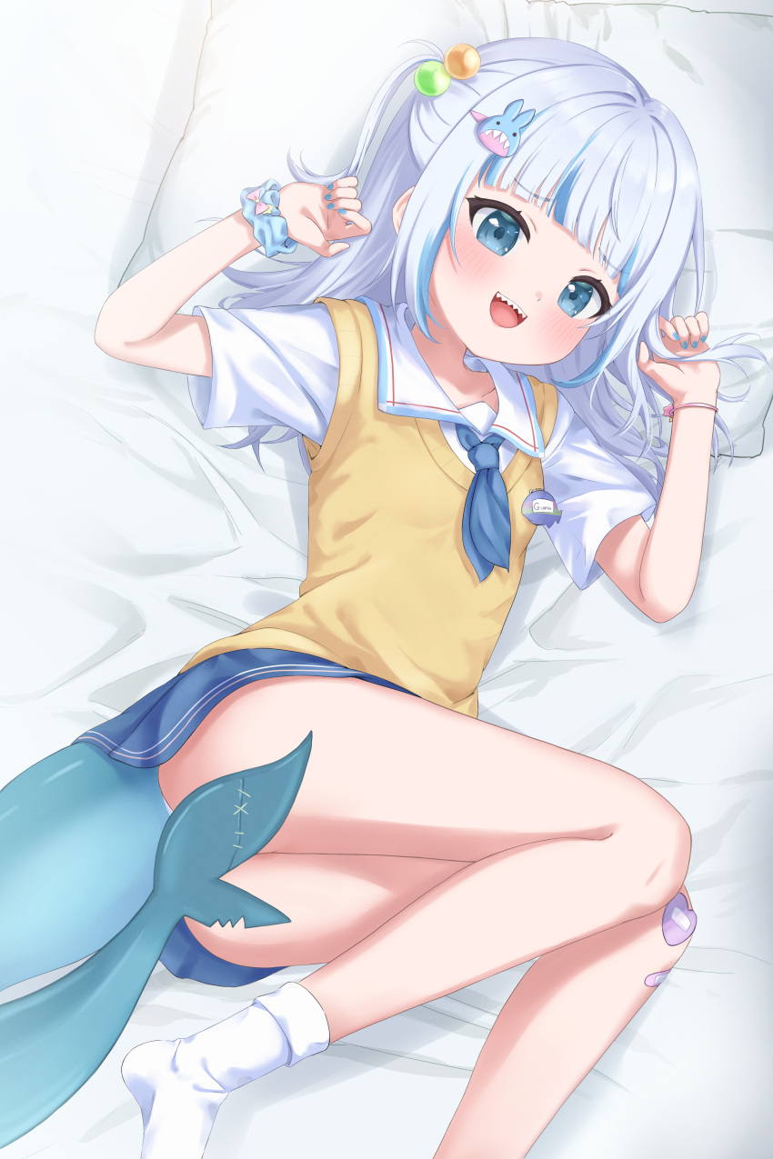 4kimizuki absurdres bandaid bandaid_on_knee bandaid_on_leg blue_hair blue_nails blue_necktie blue_skirt blush breasts collared_shirt female fins fish_tail gawr_gura gawr_gura_(school_uniform) grey_hair highres hololive hololive_english looking_at_viewer lying medium_hair multicolored_hair nail_polish necktie official_alternate_costume on_side one_side_up open_mouth panties shark_girl shark_tail sharp_teeth shirt skirt small_breasts smile socks solo streaked_hair tail tail_censor teeth underwear upper_teeth_only virtual_youtuber white_panties white_shirt white_socks