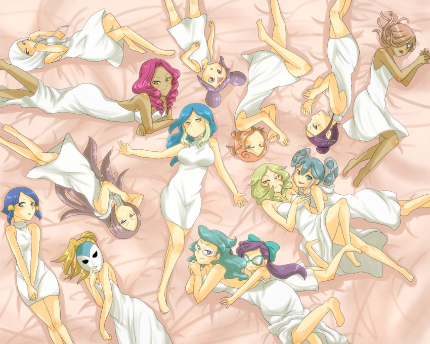 6+girls akasata barazono_hana blonde_hair blue_eyes blue_hair bow breasts brown_hair cleavage dress glasses grey_eyes hair_over_one_eye hairbow hasuike_an holding holding_mask inazuma_eleven inazuma_eleven_(series) kii_fumiko kui_ruru kurakake_clara kurione_yuki mask multiple_girls nitou_honoka pink_hair purple_eyes purple_hair smile touchi_ai urubida white_dress