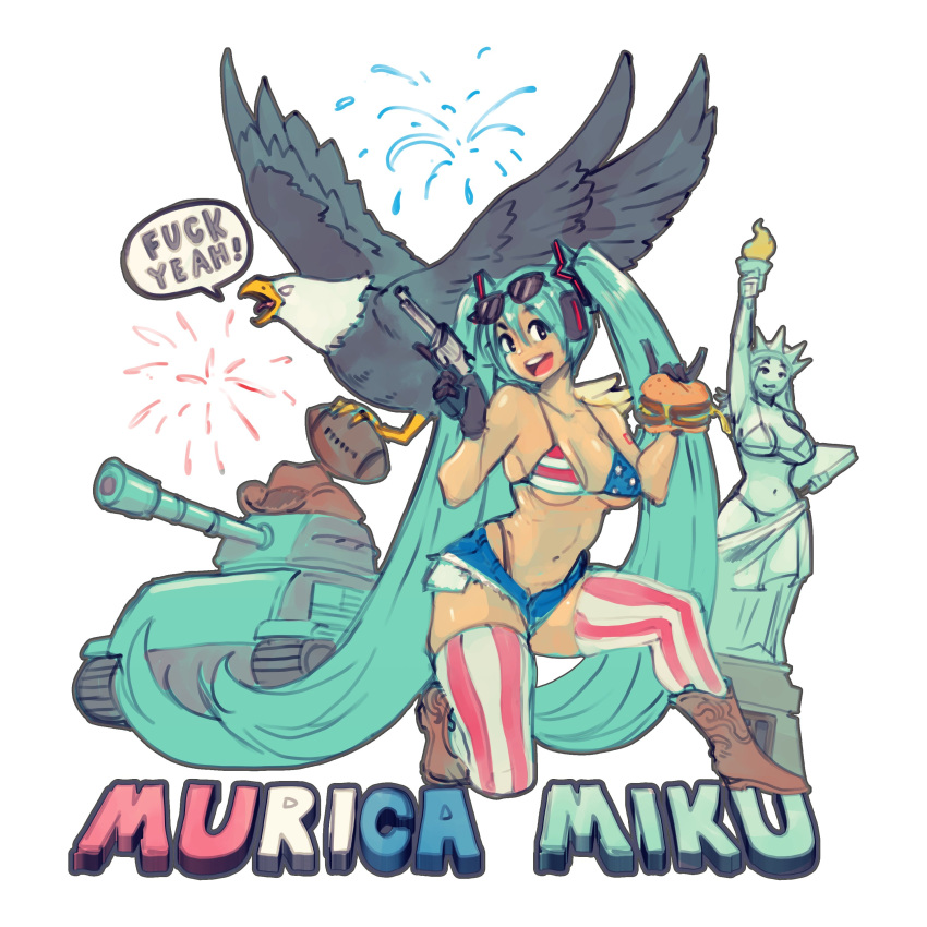 absurdres american_flag american_flag_bikini american_flag_print american_football_(object) american_miku aqua_hair ball bikini bird black_eyes black_footwear black_gloves boots breasts burger character_name cleavage cowboy_hat denim denim_shorts eagle english_text eyewear_on_head female fireworks flag_print food gloves gun hat hatsune_miku highres holding holding_burger holding_food holding_gun holding_weapon long_hair medium_breasts military_vehicle motor_vehicle niandni on_one_knee open_mouth print_bikini profanity short_shorts shorts simple_background statue_of_liberty striped_clothes striped_thighhighs swimsuit tank thighhighs twintails united_states very_long_hair vocaloid weapon white_background