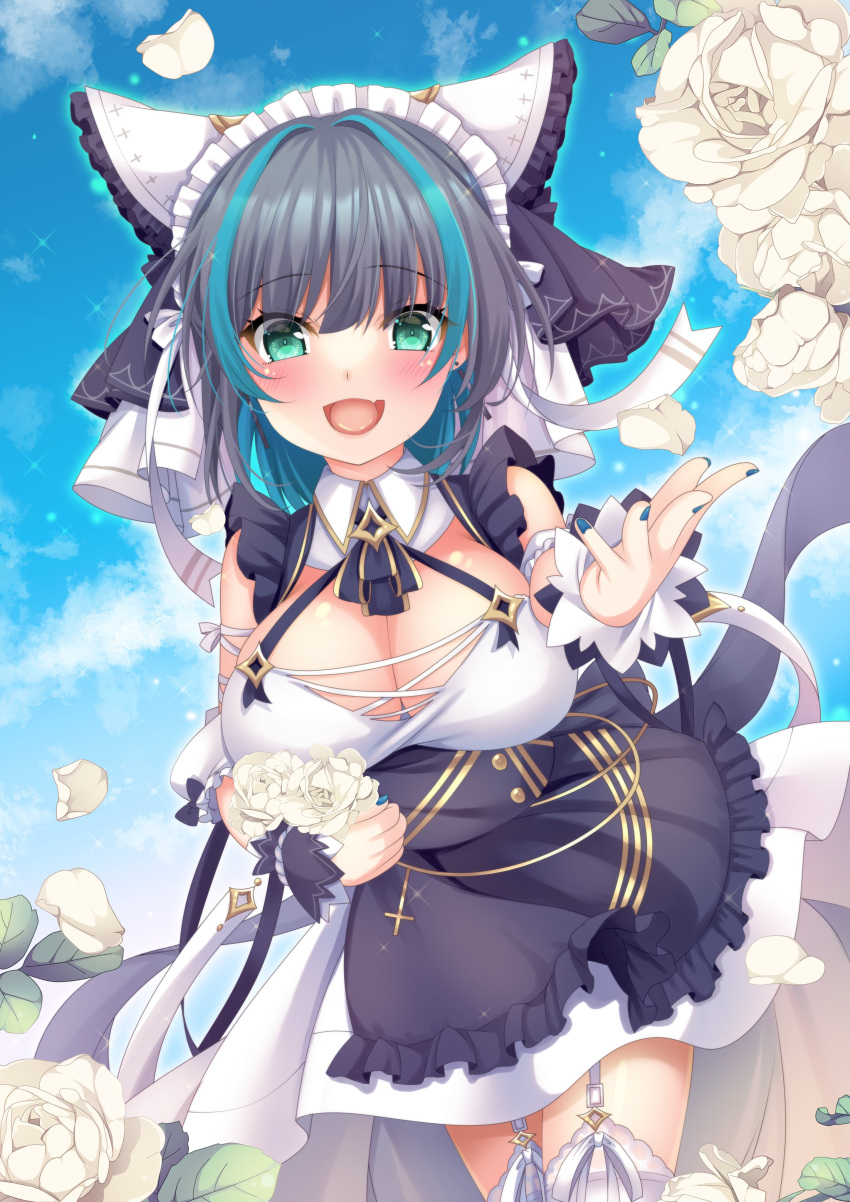 absurdres animal_ears apron azur_lane blue_nails breasts cheshire_(azur_lane) cleavage commentary_request cowboy_shot day detached_sleeves dress fake_animal_ears female flower frilled_hairband frilled_ribbon frills garter_straps green_eyes hairband highres holding holding_flower large_breasts leaning_forward long_ribbon looking_at_viewer maid_headdress multicolored_hair nail_polish oerba_yun_fang open_mouth outdoors puffy_detached_sleeves puffy_short_sleeves puffy_sleeves purple_apron ribbon rose short_sleeves skin_fang solo streaked_hair thighhighs white_dress white_flower white_garter_straps white_rose white_thighhighs wrist_cuffs yumemiya_subaru