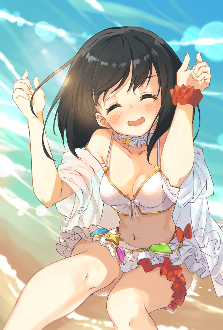 ^_^ arms_up bare_shoulders beach bikini bikini_skirt black_hair blush breasts closed_eyes collarbone day facing_viewer feet_out_of_frame female frills granblue_fantasy halterneck happy highres knees_together_feet_apart medium_hair navel ocean off_shoulder open_clothes open_mouth open_shirt outdoors red_scrunchie saboten_mushi scrunchie see-through see-through_shirt shirt sitting small_breasts smile solo stomach summer swimsuit thigh_scrunchie vikala_(granblue_fantasy) white_bikini white_shirt wrist_scrunchie