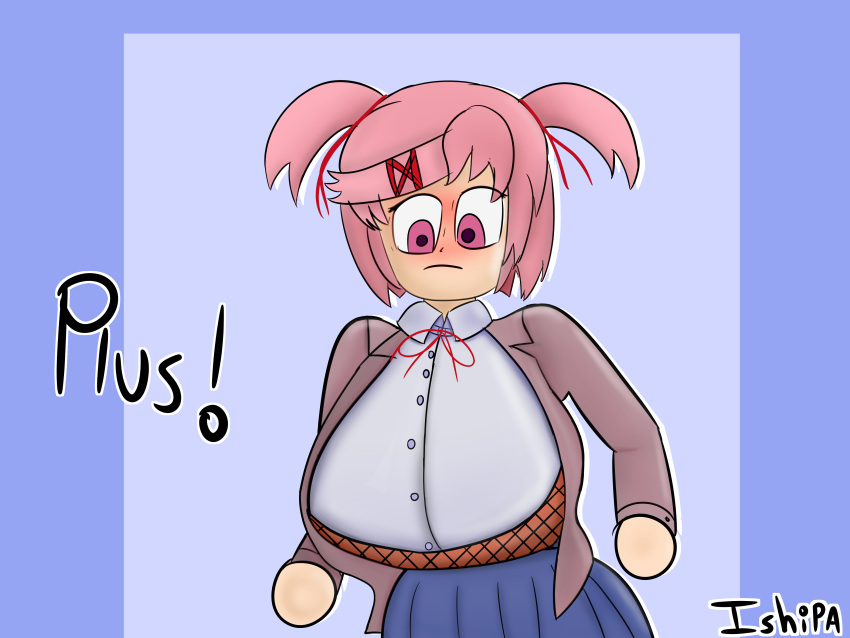 1girls alternate_breast_size artist_name big_breasts blue_skirt breasts clothed clothing doki_doki_literature_club female female_solo fully_clothed huge_breasts ishipa large_breasts looking_at_breasts looking_at_own_breasts looking_down matching_hair/eyes natsuki_(doki_doki_literature_club) nipples pink_eyes pink_hair school_uniform short_hair skirt solo solo_female tied_hair twintails uniform