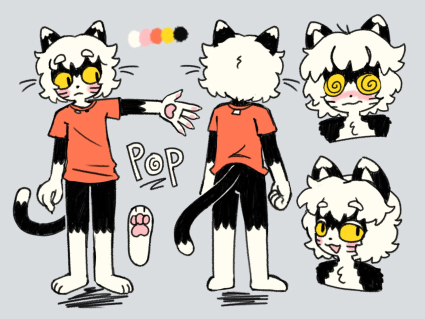 2023 4:3 black_body black_fur blush character_name clothing color_swatch colored dipstick_ears dipstick_limbs dipstick_tail ear_markings felid fur hair male mammal markings model_sheet multicolored_ears pawpads pink_blush pink_mouth pink_pawpads pop_(popstick) popstick red_clothing red_shirt red_topwear shirt simple_background solo spiral_eyes tail tail_markings topwear white_body white_chest white_fur white_hair white_inner_ear white_paws yellow_eyes