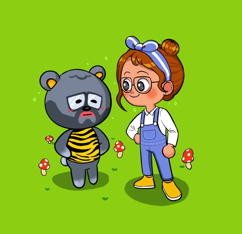 2020 almondfriend animal_crossing anthro barold_(animal_crossing) bear black_body black_fur blush clothing duo eyewear female fur glasses hi_res human mammal nintendo outside overalls shirt topwear