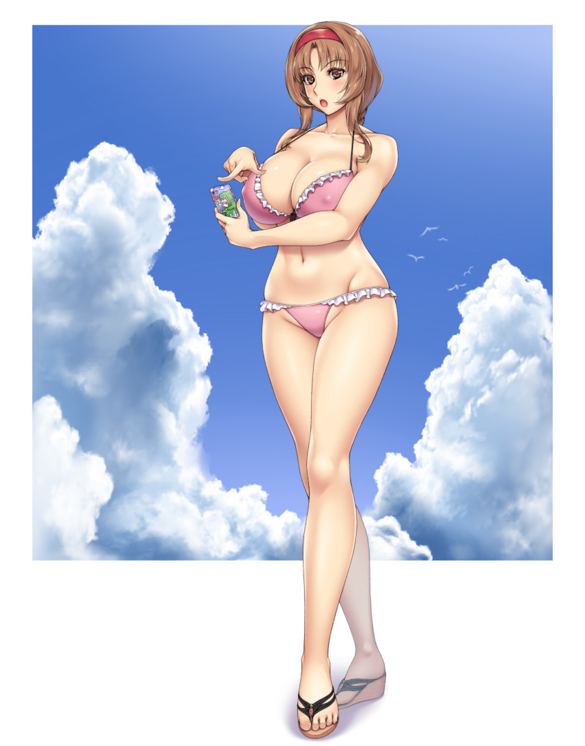 ameoto bikini braid breasts brown_eyes brown_hair cellphone cleavage covered_nipples d-frag! female frilled_bikini frills hairband highres large_breasts navel phone sandals single_braid smartphone solo swimsuit takao_(d-frag!)