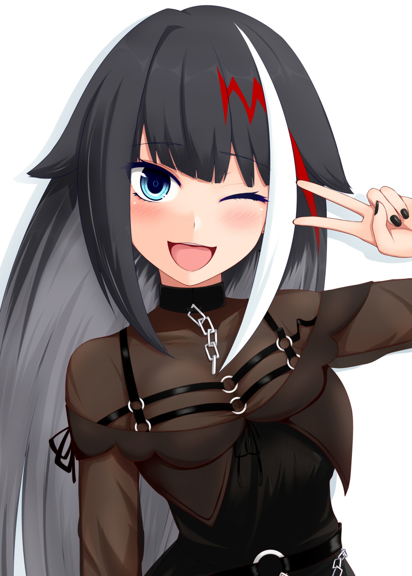 ;d absurdres asuto3 azur_lane belt black_hair blue_eyes blunt_bangs blush chains commentary_request covered_collarbone deutschland_(azur_lane) deutschland_(demon_princess'_dark_hour_banquet)_(azur_lane) female hair_flaps highres long_hair looking_at_viewer multicolored_hair official_alternate_costume one_eye_closed open_mouth pose sidelocks simple_background smile solo v white_background