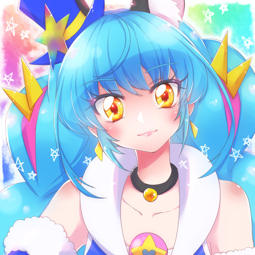 animal_ear_fluff animal_ears black_choker blue_hair blue_hat blush brooch cat_ears choker closed_mouth collarbone commentary cure_cosmo earrings extra_ears female hat highres jewelry long_hair looking_at_viewer magical_girl mini_hat multicolored_hair nijigami_rin orange_eyes pentagram pink_hair precure rainbow_background smile solo star_(symbol) star_in_eye star_twinkle_precure symbol_in_eye top_hat triangle_earrings two-tone_hair upper_body yuni_(precure)