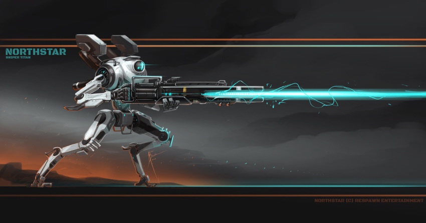 1other a_motorcycle_with_teeth armor blue_eyes cannon character_name electricity energy_beam energy_gun english_commentary english_text firing from_side full_body glowing glowing_eye glowing_eyes gun holding holding_cannon holding_gun holding_weapon machinery mecha mechanical_arms mechanical_legs northstar_(titanfall) one-eyed pr-01_plasma_railgun railgun robot science_fiction solo titan_(titanfall) titanfall_(series) titanfall_2 weapon white_armor