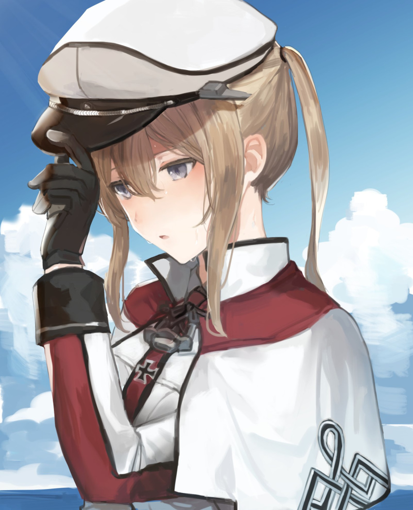 black_gloves blonde_hair capelet cloud day female gloves graf_zeppelin_(kancolle) hair_between_eyes hat highres kantai_collection long_hair long_sleeves military military_uniform open_mouth peaked_cap purple_eyes sha_(isago) sidelocks solo sweat twintails uniform upper_body