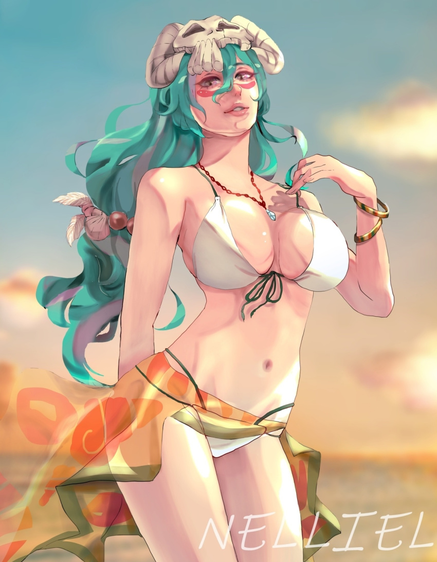 alternate_costume bare_shoulders bikini bleach bracelet breasts character_name cleavage cloud collarbone facial_mark female front-tie_bikini_top front-tie_top green_eyes grey_eyes hair_between_eyes highres jewelry large_breasts long_hair navel necklace nelliel_tu_odelschwanck ocean sarong skull_on_head solo sunset suzuwa_(sununatsusan) swimsuit very_long_hair white_bikini yellow_sarong