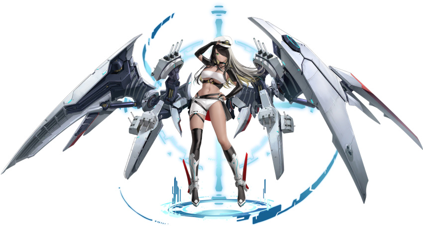 arm_up asymmetrical_clothes azur_lane bare_shoulders black_hair blonde_hair breasts bridal_gauntlets choker dark-skinned_female dark_skin female fingernails full_body green_eyes haori_io hat highres holding long_hair looking_at_viewer machinery medium_breasts midriff multicolored_hair nail_polish navel northampton_(azur_lane) northampton_ii_(azur_lane) official_art parted_lips peaked_cap shiny_skin solo stomach thighhighs thighs transparent_background turret