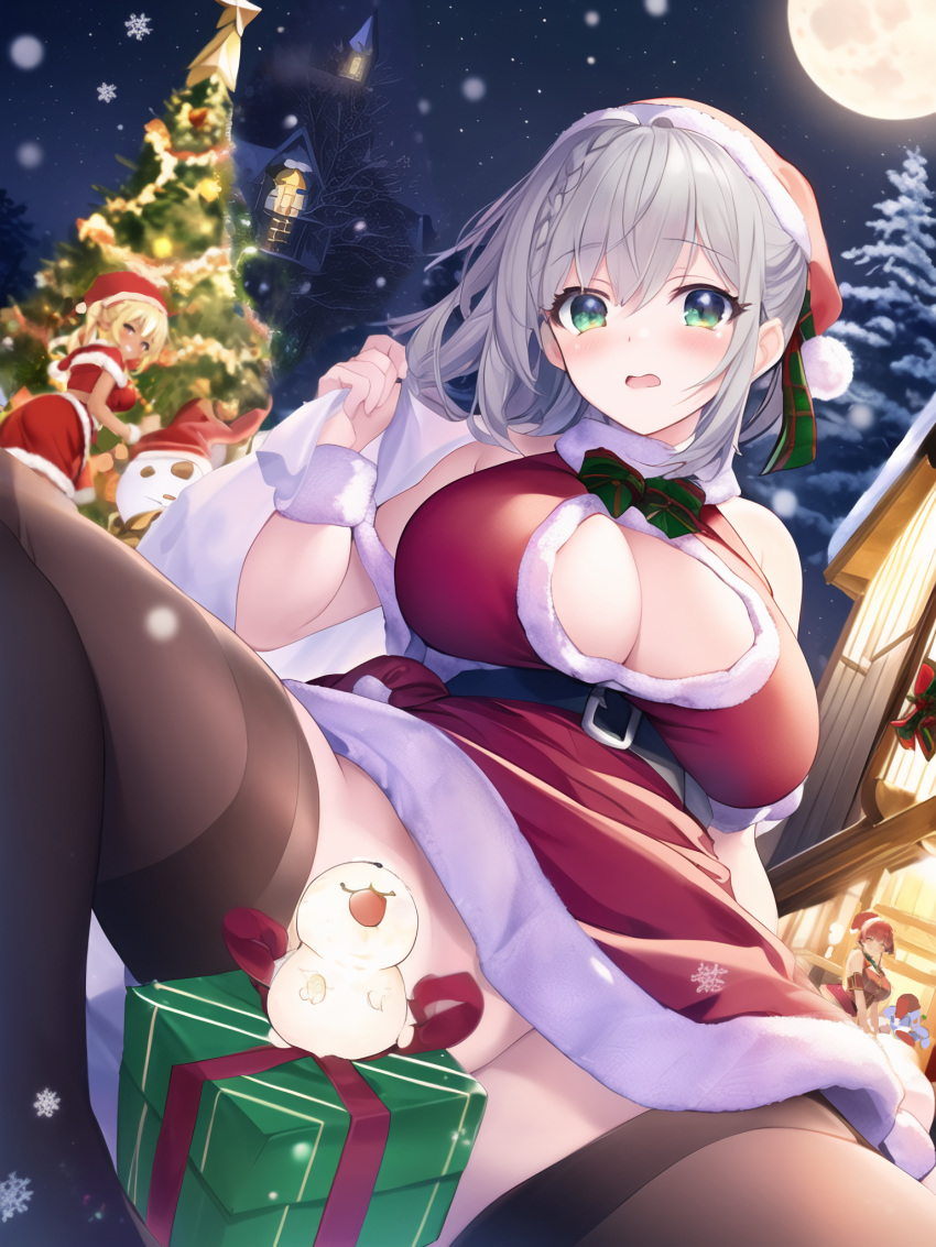 4girls ai-generated alternate_costume bare_shoulders black_thighhighs blurry blurry_background bow bowtie box braid braided_bangs breasts christmas christmas_tree cleavage cleavage_cutout clothing_cutout convenient_censoring dress fur_trim gift gift_box green_eyes grey_hair grin hat highres holding holding_sack hololive hololive_fantasy houshou_marine large_breasts looking_at_viewer moon multiple_girls night no_panties open_mouth outdoors sack santa_costume santa_hat shiranui_flare shirogane_noel sitting smile snow solo_focus striped_bow striped_bowtie striped_clothes thighhighs tranquillianusmajor usada_pekora virtual_youtuber wristband zettai_ryouiki