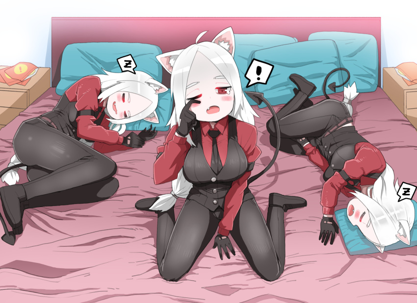 3girls animal_ears arm_garter bed bed_sheet black_gloves cerberus_(helltaker) commentary_request demon_girl demon_tail dog_ears dog_girl gloves helltaker highres korean_commentary long_hair looking_at_viewer mipoog multiple_girls necktie oerba_yun_fang open_mouth pillow red_eyes red_shirt shirt sleeping smile tail triplets vest waistcoat waking_up white_hair