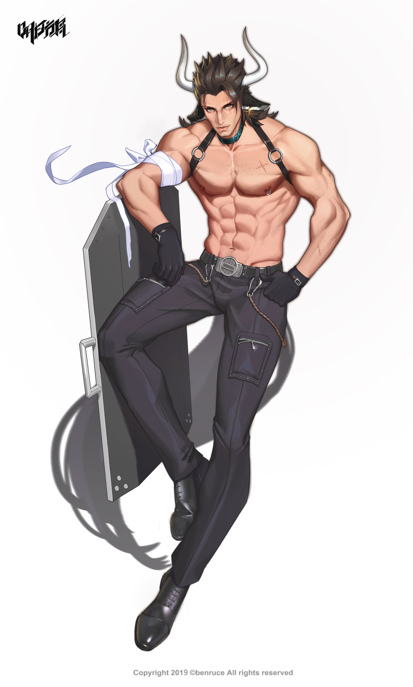 1boy abs absurdres alche_(benruce) alternate_costume animal_ears arknights bandages bara black_pants brown_eyes brown_hair bulge chest_harness collar cow_boy cow_ears cow_horns earrings full_body hair_strand harness highres horns jewelry male_focus matterhorn_(arknights) muscular muscular_male nipple_piercing nipple_rings pants pectorals piercing scar scar_across_eye scar_on_chest scar_on_face shield shoes short_hair solo thick_thighs thighs topless_male