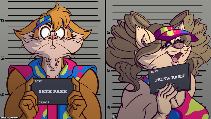 16:9 anthro barbie_(doll) barbie_(film) barbie_and_ken_mugshot_meme black_whiskers clothing domestic_cat drill_curls duo felid feline felis female hair hi_res looking_at_viewer male mammal mattel mature_female mature_male mugshot open_mouth scared seth_park_(sketchybug) shirt sketchybug smile tank_top topwear trina_park_(sketchybug) visor whiskers widescreen