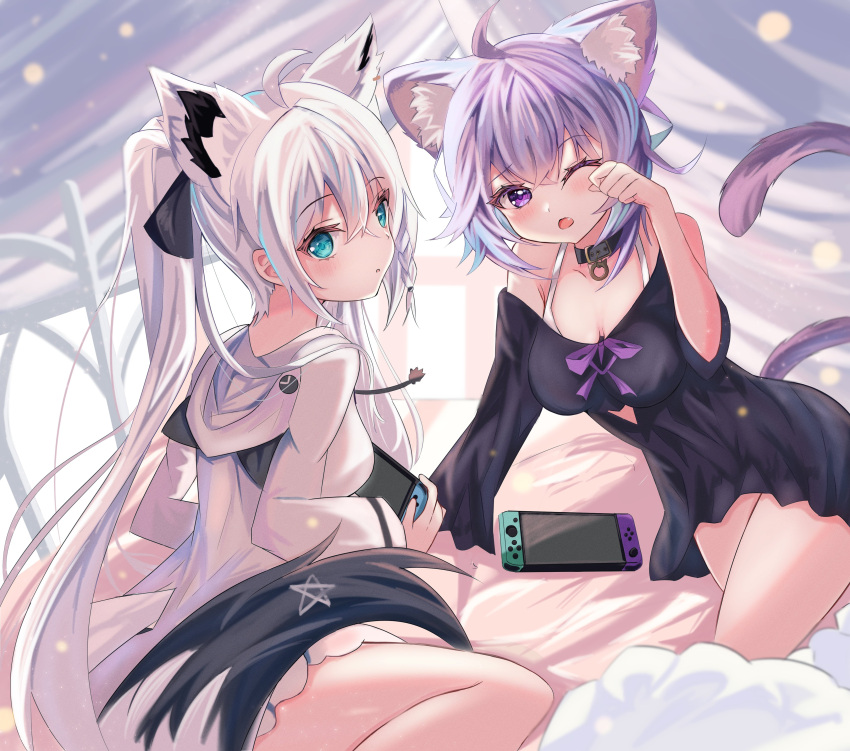 2girls absurdres ahoge animal_ear_fluff animal_ears belt_collar black_camisole blush bra braid camisole cat_ears cat_girl cat_tail collar commentary_request controller earrings fox_ears fox_girl fox_tail game_controller green_eyes hair_between_eyes highres holding holding_controller holding_game_controller hololive hood hoodie jewelry long_hair looking_at_viewer looking_back multiple_girls nekomata_okayu nintendo_switch one_eye_closed open_mouth pentagram purple_eyes purple_hair shirakami_fubuki short_hair sidelocks single_braid sitting soma443 tail twintails underwear virtual_youtuber white_bra white_hair white_hoodie