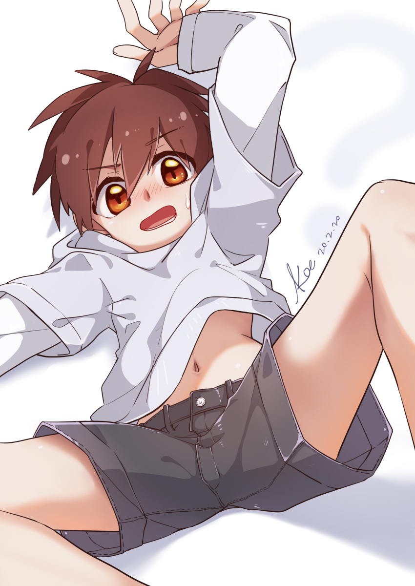 1boy absurdres artist_name blush brown_eyes brown_hair commentary_request dated hair_between_eyes highres koe_(mixpi) looking_at_viewer lying male_focus midriff midriff_peek navel on_back on_ground open_mouth original shorts signature simple_background solo sweatdrop white_background