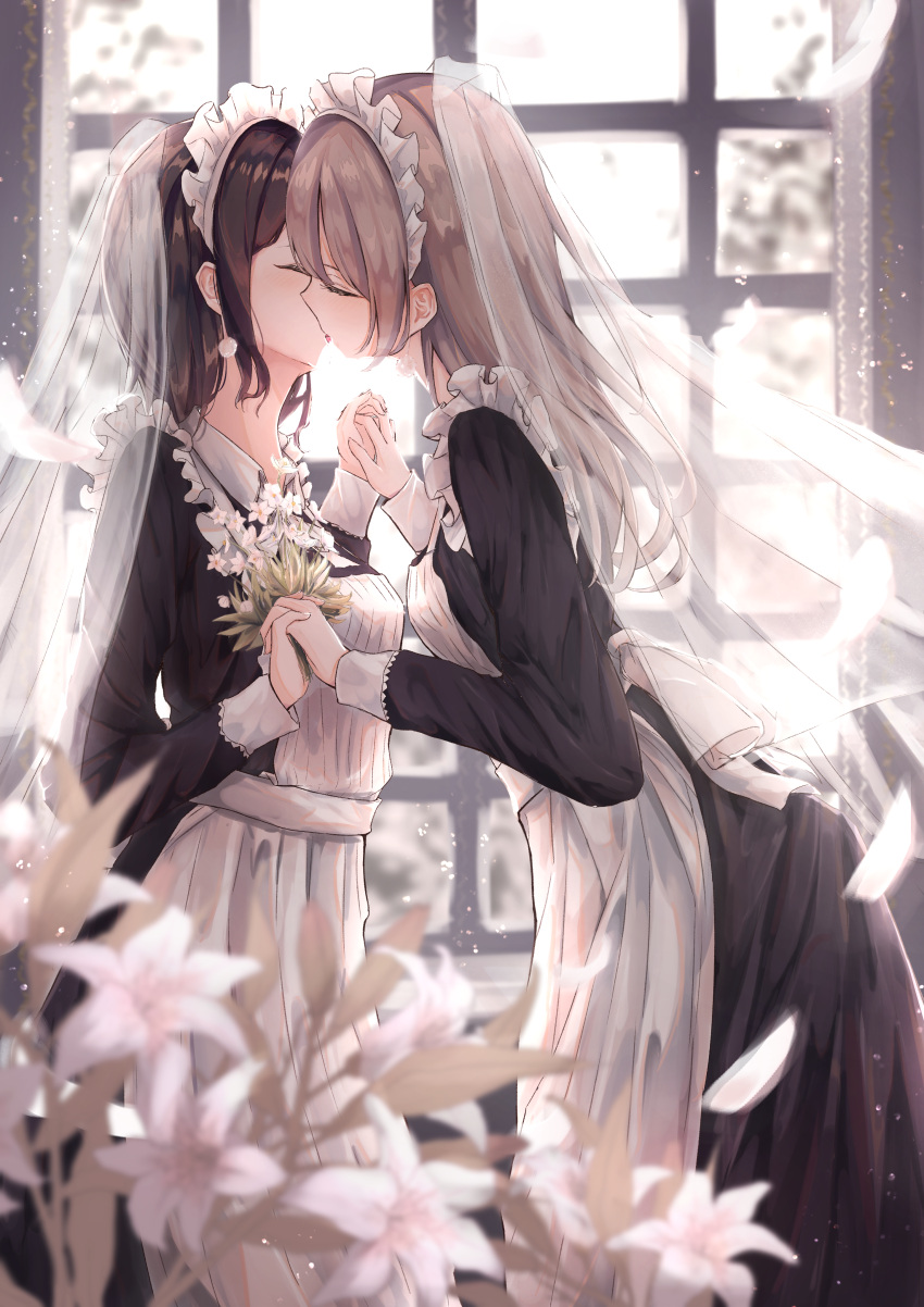 2girls absurdres benevole bouquet bridal_veil brown_hair closed_eyes collared_shirt commentary_request flower french_kiss frills from_side highres holding holding_bouquet kissing leaf light lily_(flower) long_hair long_sleeves maid maid_headdress multiple_girls original profile shirt tongue veil white_flower window yuri