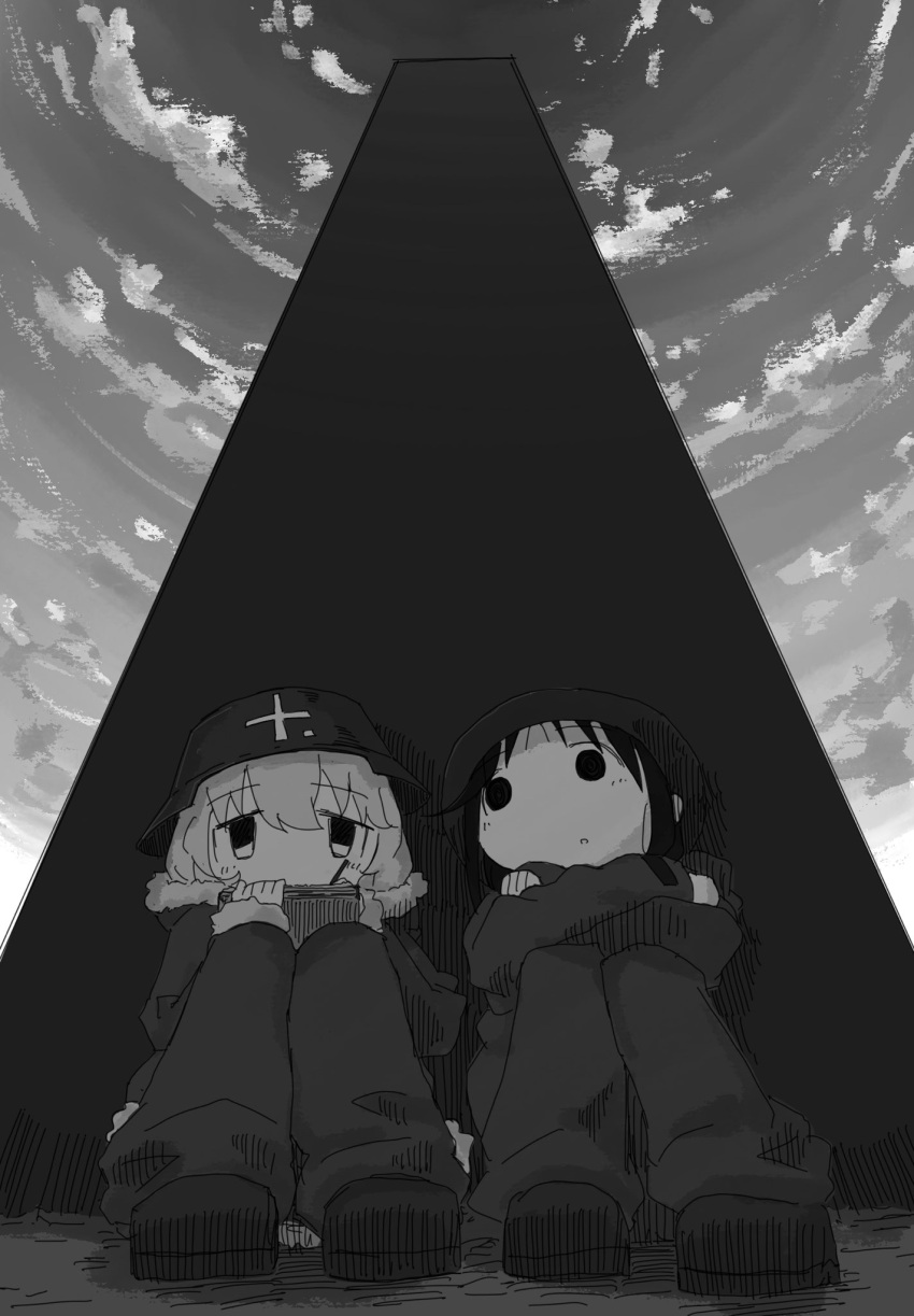 2girls chito_(shoujo_shuumatsu_ryokou) coat commentary crossed_arms from_below greyscale helmet highres knees_up leoleonardk10 long_hair long_sleeves monochrome monolith_(object) multiple_girls outdoors shoujo_shuumatsu_ryokou sitting yuuri_(shoujo_shuumatsu_ryokou)