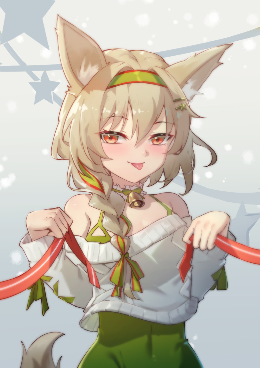 :p animal_ear_fluff animal_ears arknights bare_shoulders beanstalk_(arknights) beanstalk_(gift_uncompleted)_(arknights) bell blush braid brown_hair closed_mouth collarbone covered_navel female gradient_background green_hairband green_ribbons grey_background hair_over_shoulder hair_ribbon hairband highres ling_huanxiang long_hair long_sleeves looking_at_viewer neck_bell neck_garter off-shoulder_sweater off_shoulder official_alternate_costume red_eyes ribbon single_braid smile solo star_(symbol) sweater tail tongue tongue_out upper_body white_sweater